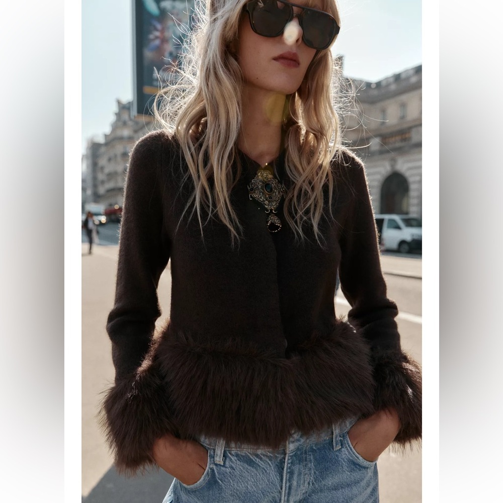 Zara FAUX FUR TRIM KNIT CARDIGAN - Picture 3 of 7